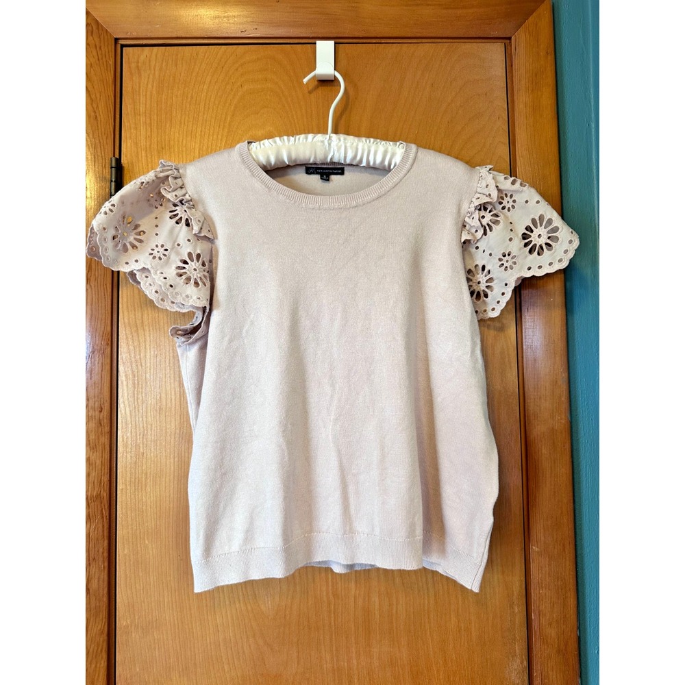Adrianna Papell Womens Tan Khaki Short Eyelet‎ Sleeve Stretch Crewneck XL